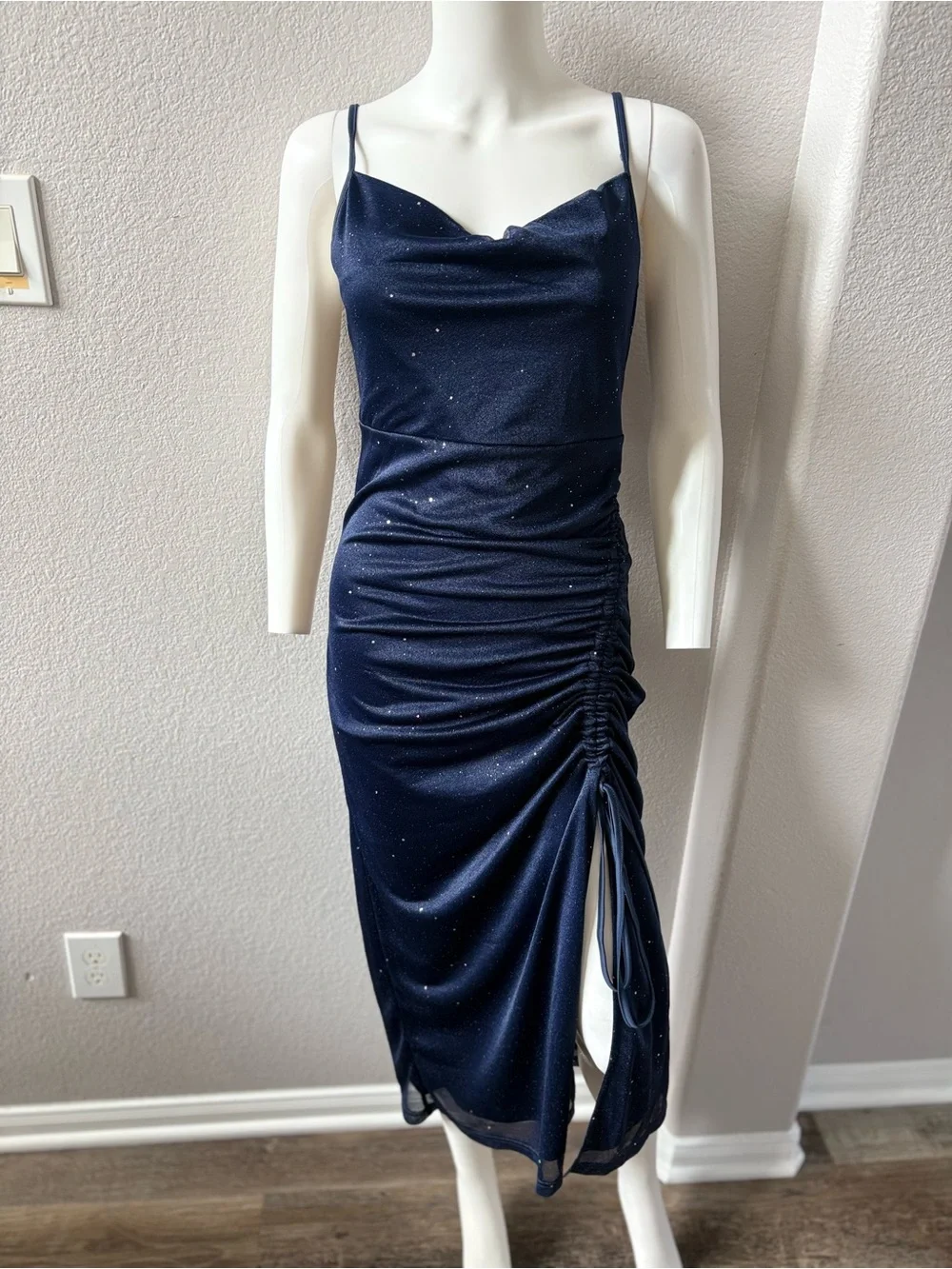 Navy Sparkle Cowl Neck Ruched Midi Dress